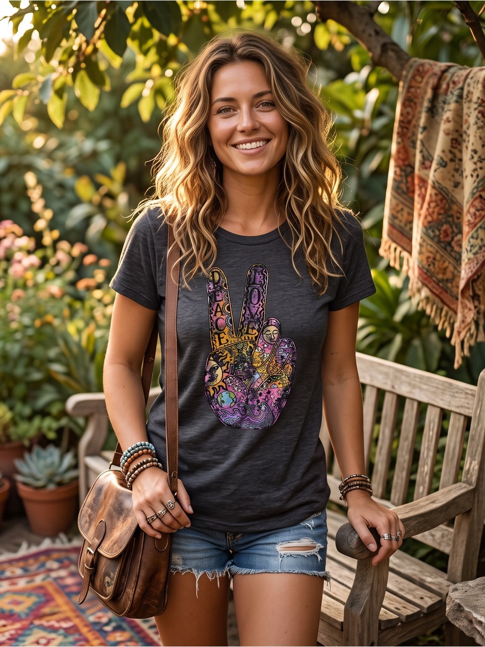 Modern Lux Black Short-Sleeve Tee with Multicolor Peace Sign